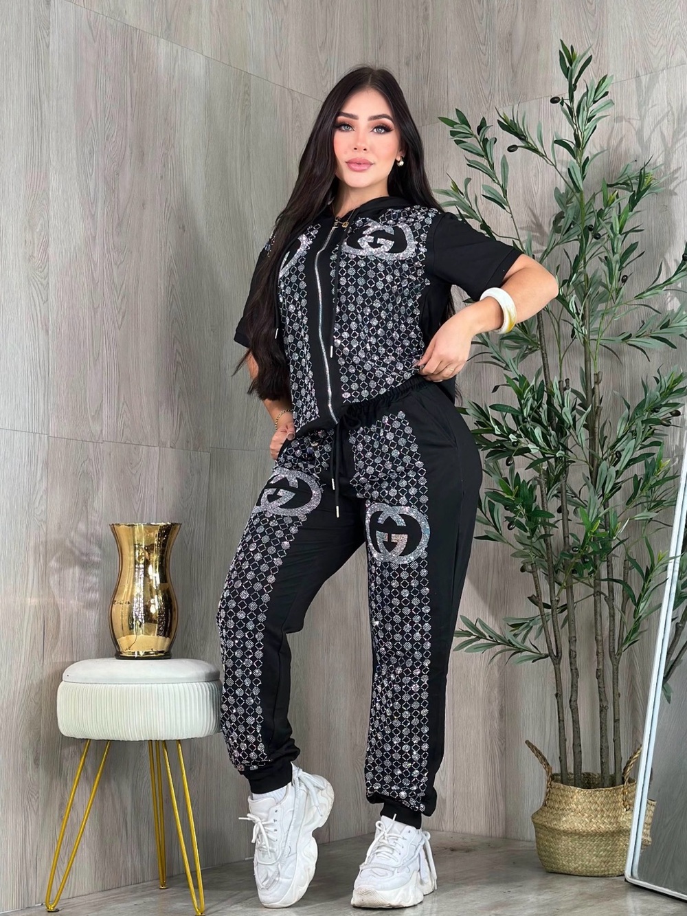 Black Patterned Two-Piece Jogger Set Tracksuit Matching Set size M